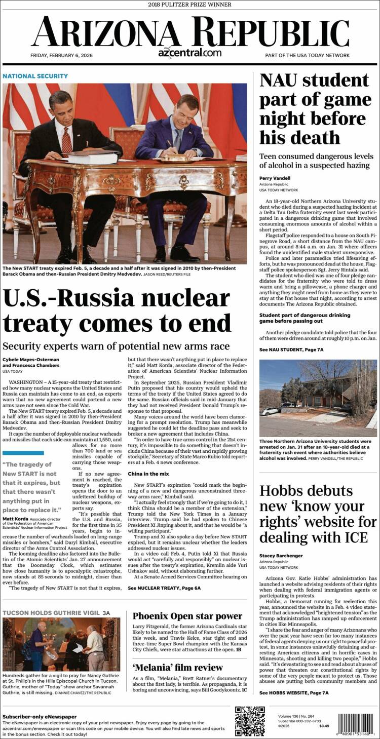 Portada de Arizona Republic News (USA)