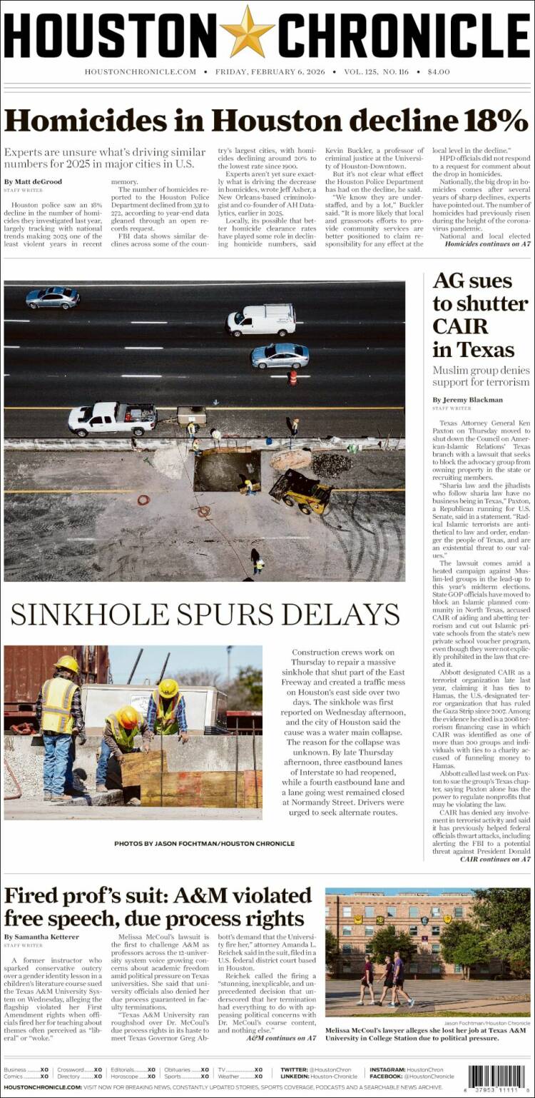 Portada de Houston Chronicle (USA)