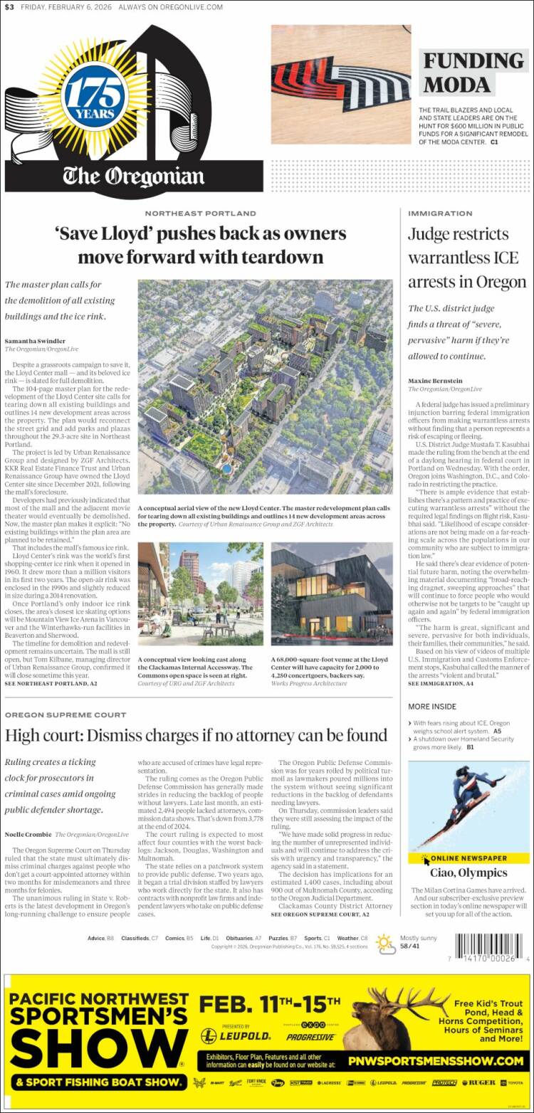 Portada de The Oregonian (USA)