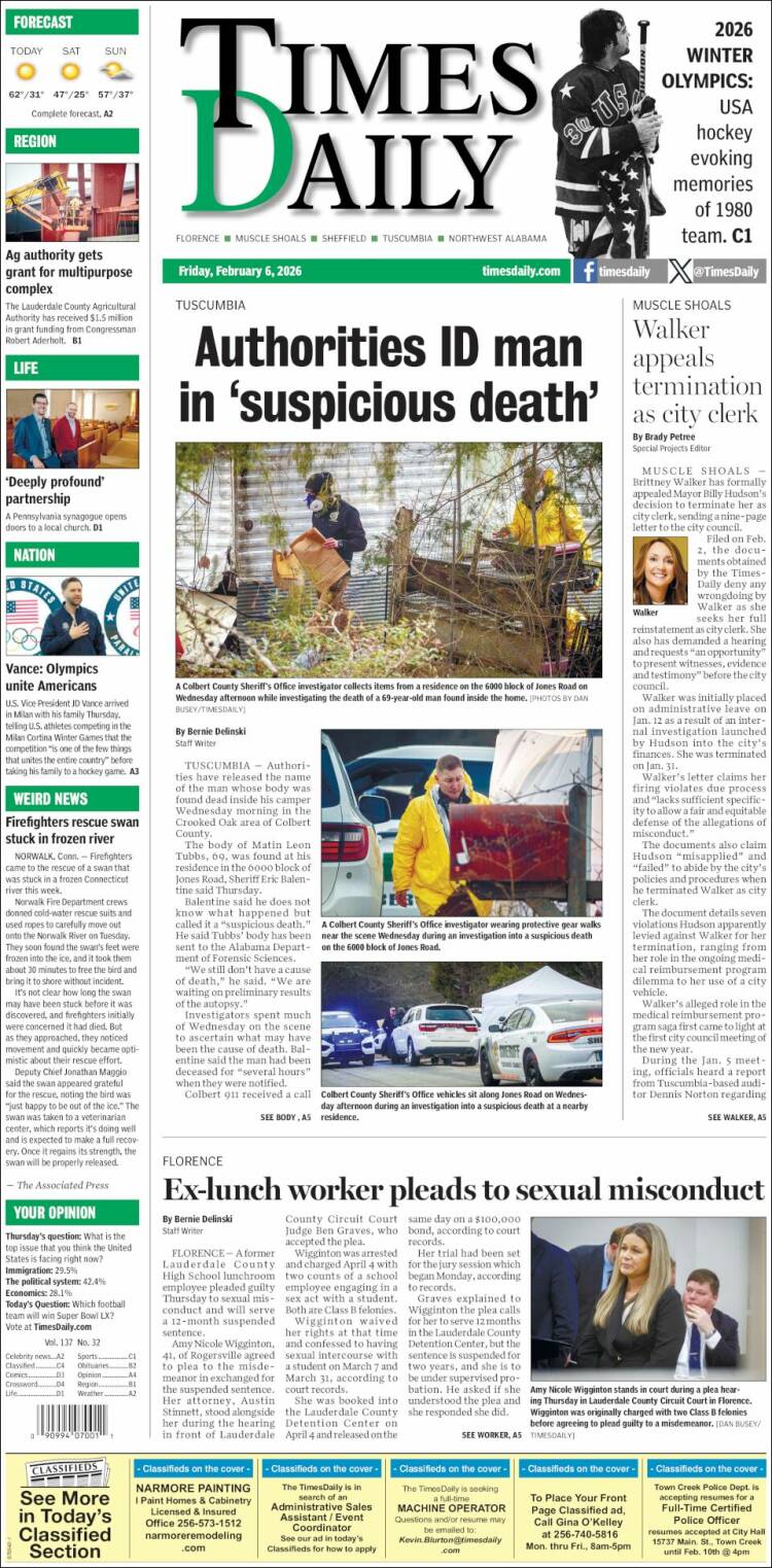 Portada de Times Daily (USA)