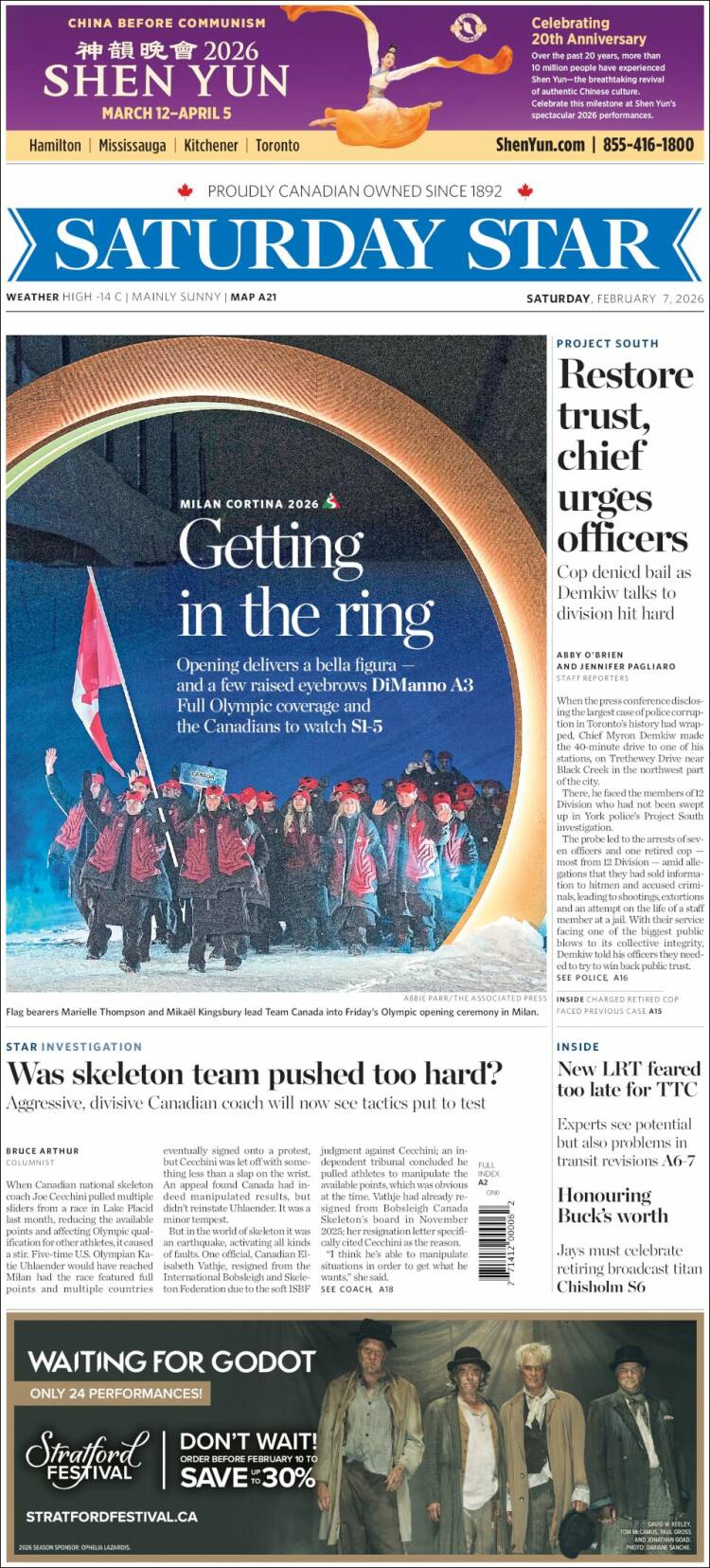 Portada de The Toronto Star (Canad&aacute;)