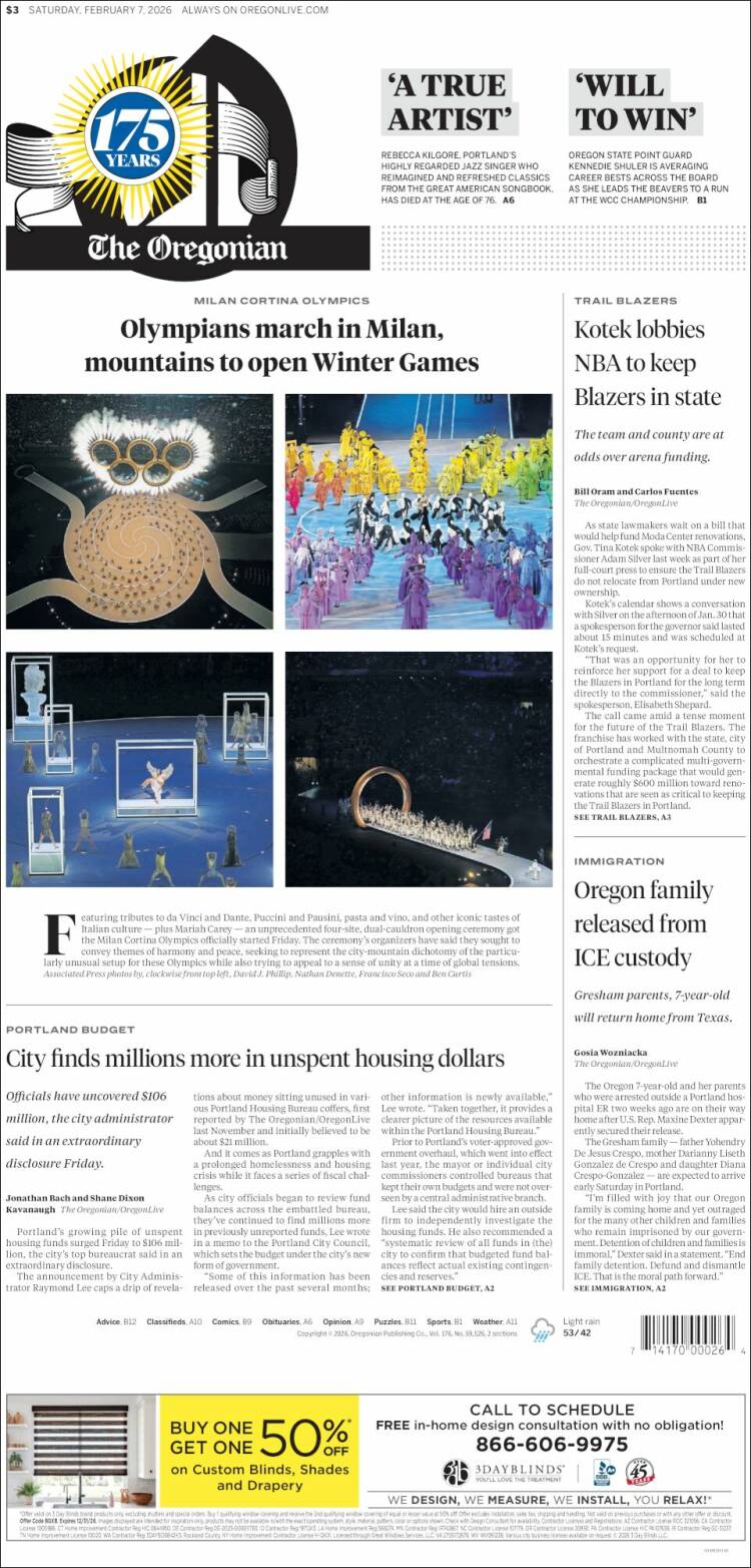Portada de The Oregonian (USA)