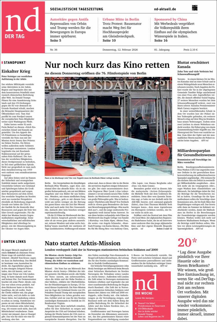 Portada de Neues Deutschland (Alemania)