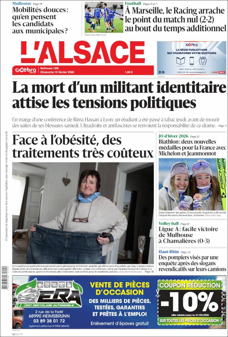 Portada de Journal L'Alsace (Francia)