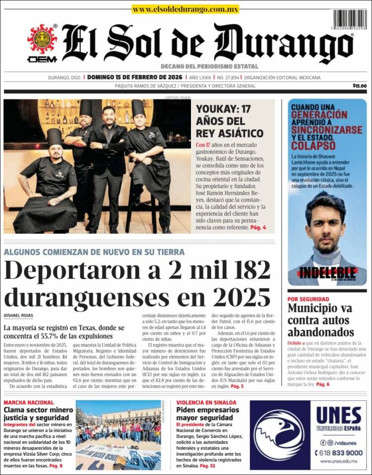 Portada de El Sol de Durango (M&eacute;xico)