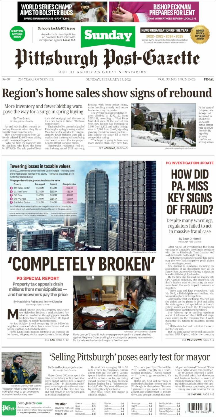 Portada de Pittsburgh Post-Gazette (USA)