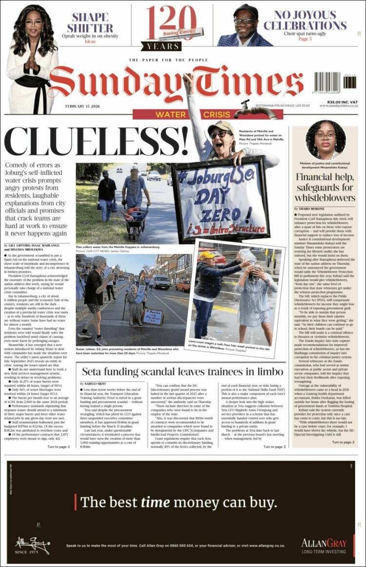 Portada de The Times (Sud&aacute;frica)