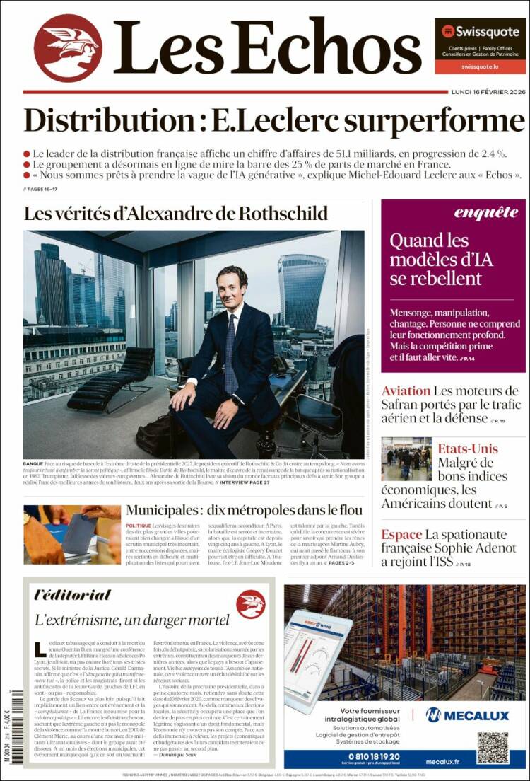 Portada de Les Echos (Francia)