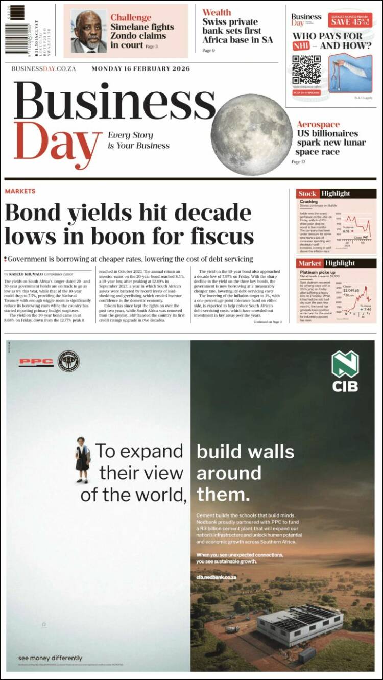 Portada de Business Day (Sud&aacute;frica)