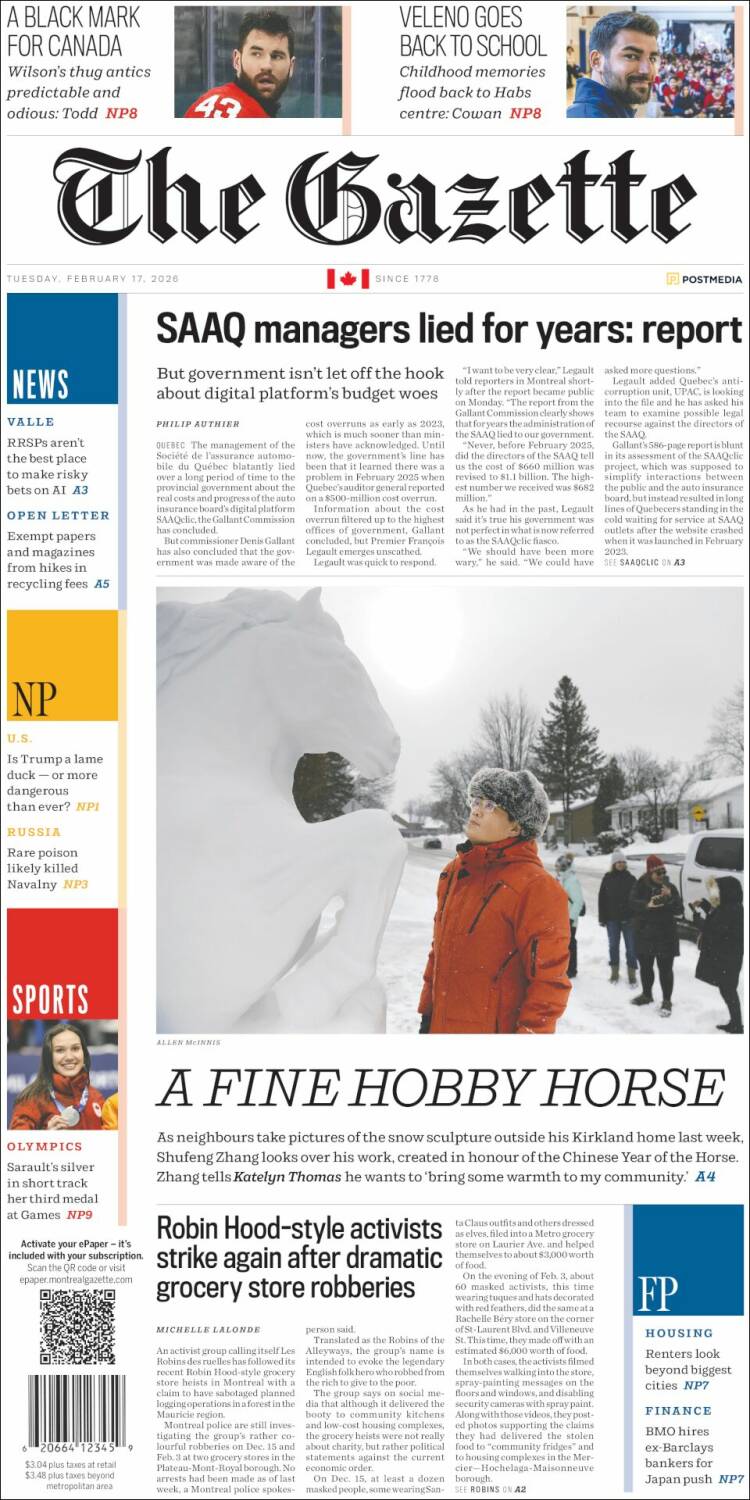 Portada de The Gazette (Canad&aacute;)