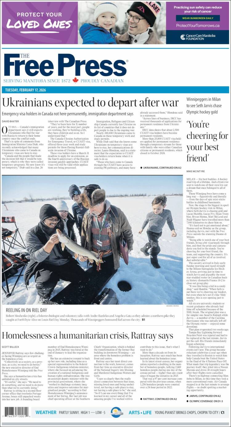 Portada de Winnipeg Free Press (Canad&aacute;)