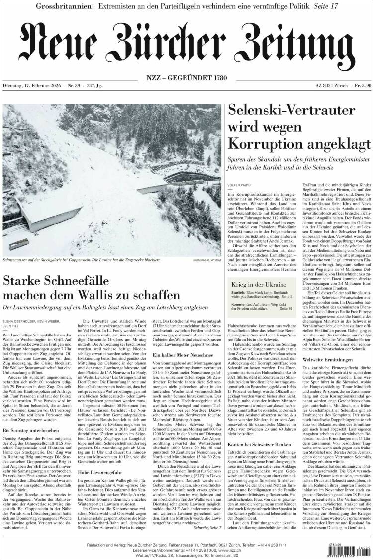 Portada de Neue Zürcher Zeitung (Suiza)