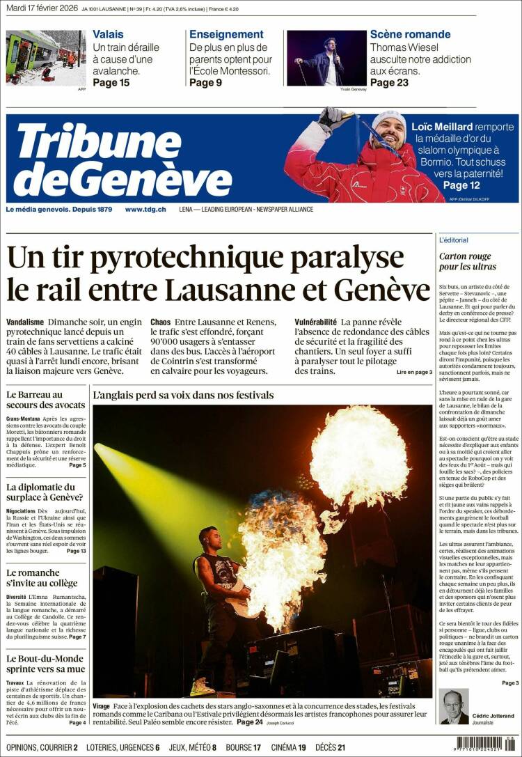 Portada de La Tribune de Genève (Suiza)