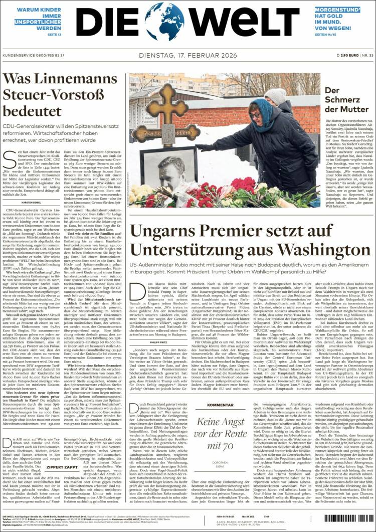 Portada de Die Welt (Alemania)