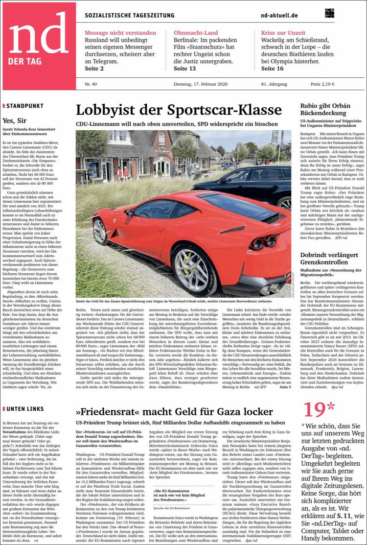 Portada de Neues Deutschland (Alemania)