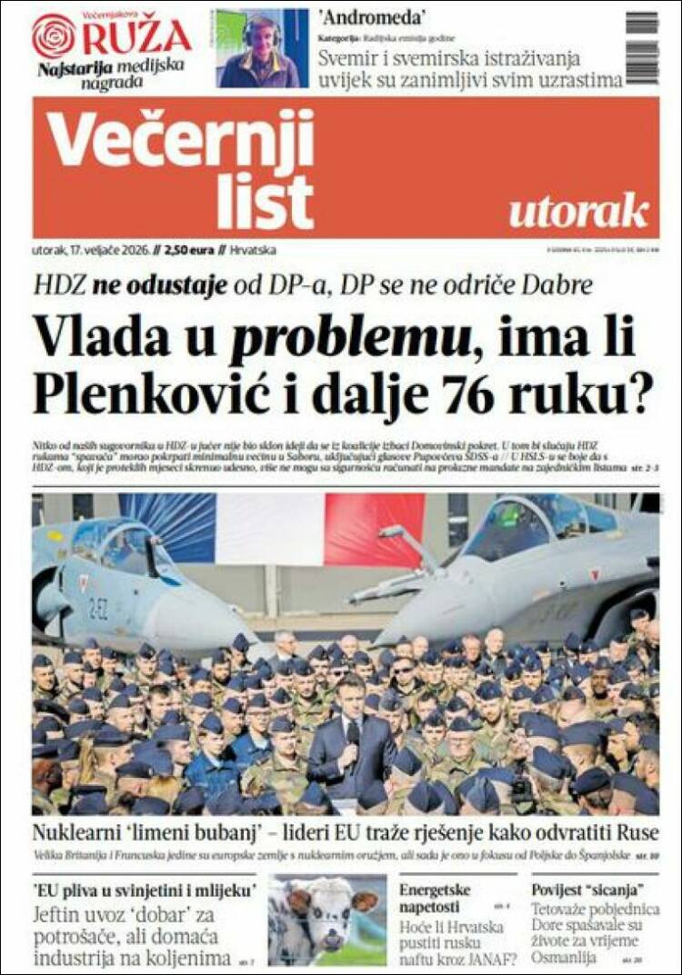 Portada de Večernji (Croacia)