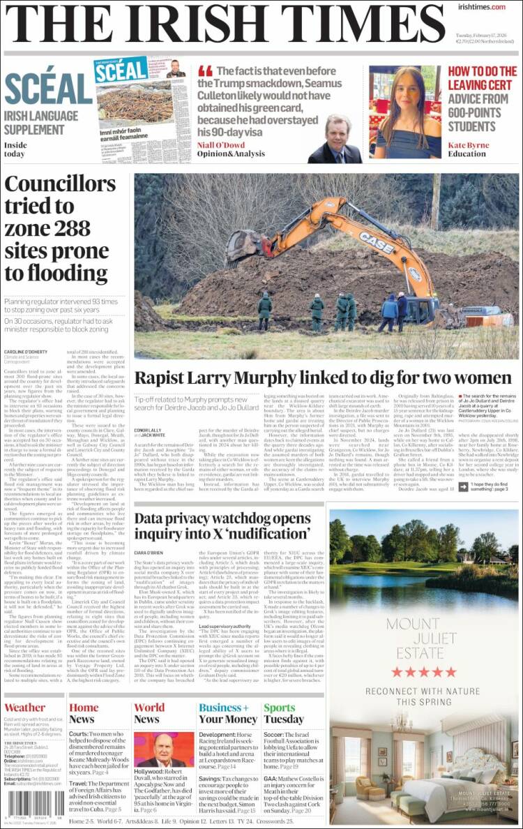 Portada de Irish Times (Irlanda)