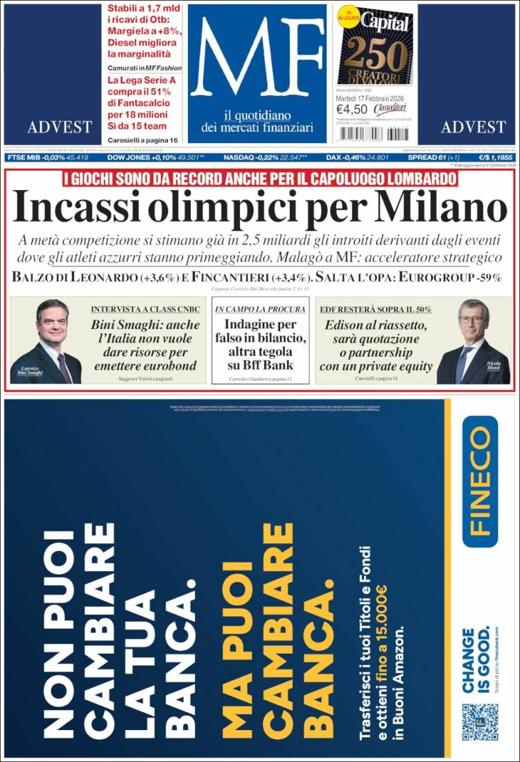 Portada de Milano Finanza (Italia)