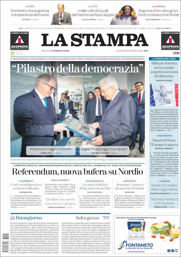 Portada de La Stampa (Italia)