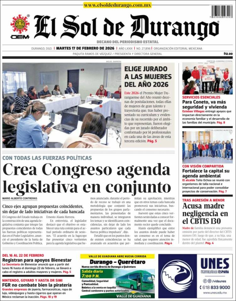 Portada de El Sol de Durango (M&eacute;xico)