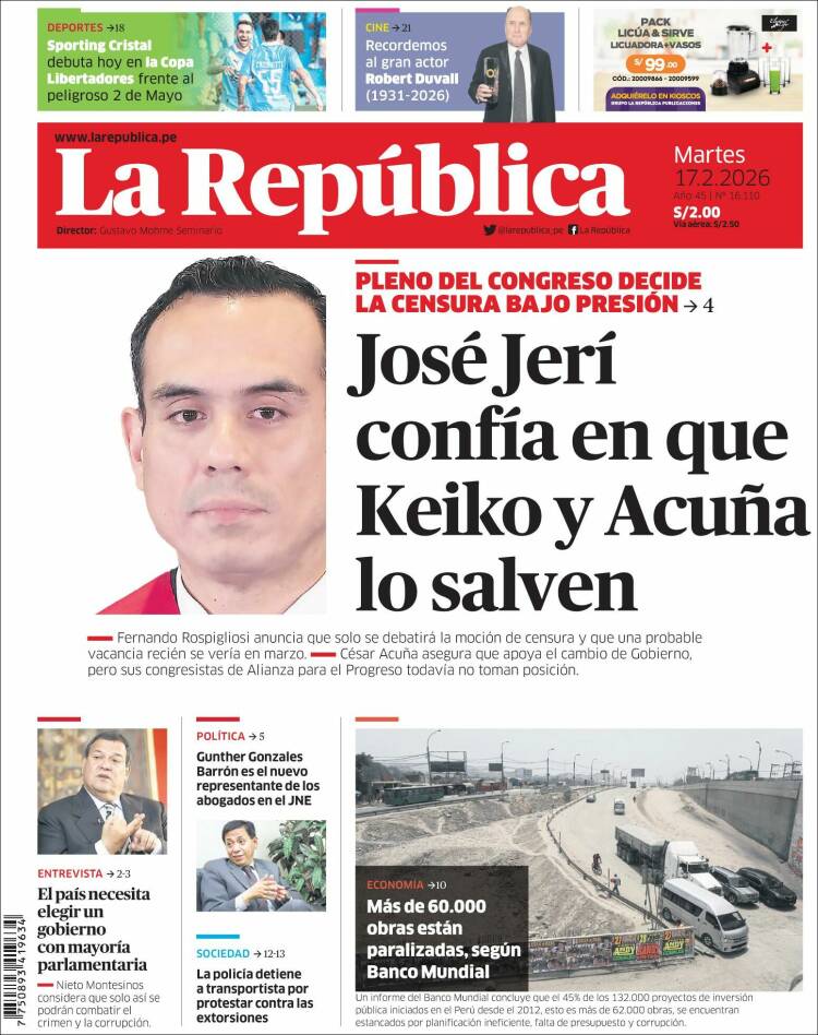 Portada de La Republica (Per&uacute;)