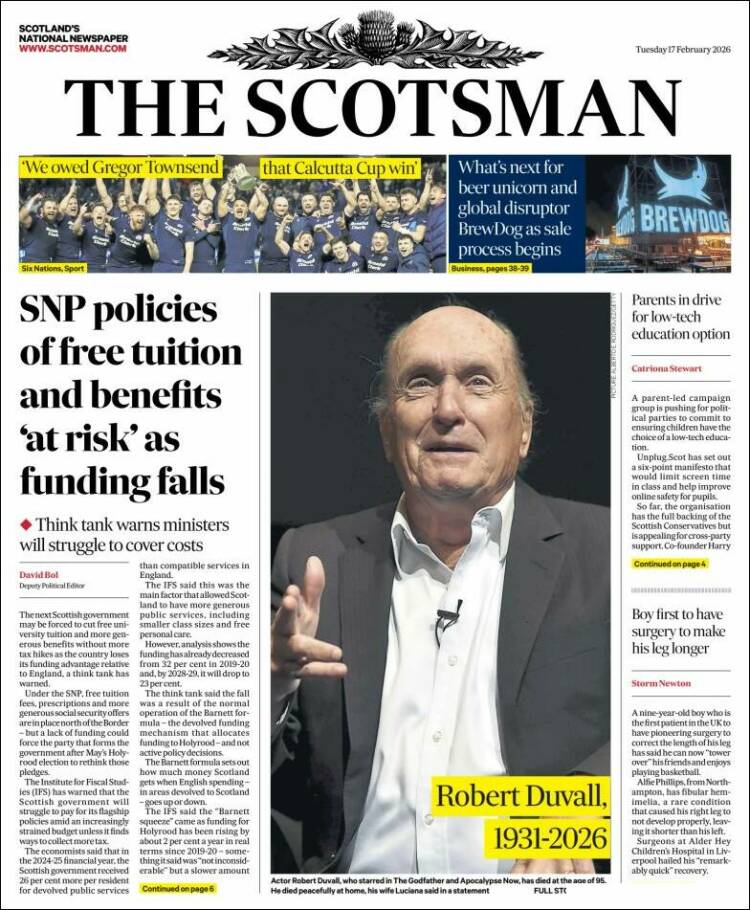 Portada de The Scotsman (Reino Unido)