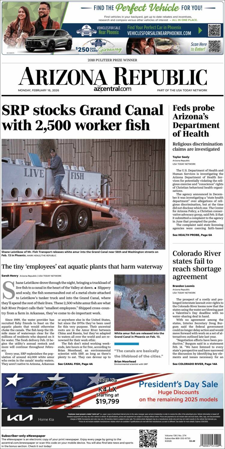 Portada de Arizona Republic News (USA)