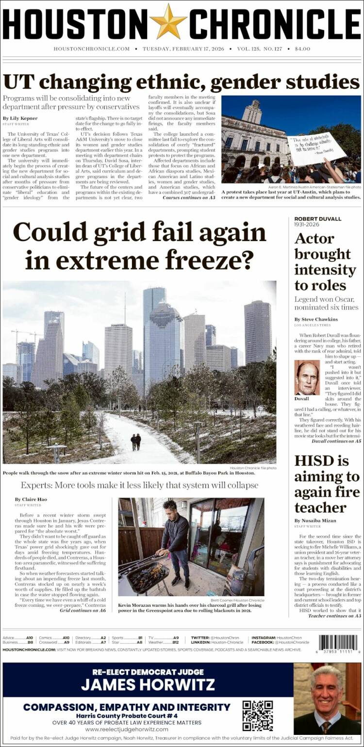 Portada de Houston Chronicle (USA)