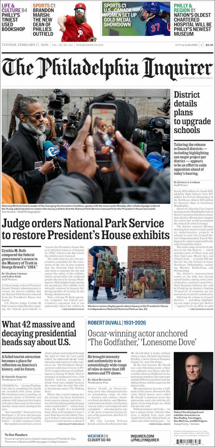 Portada de Philadelphia Inquirer (USA)