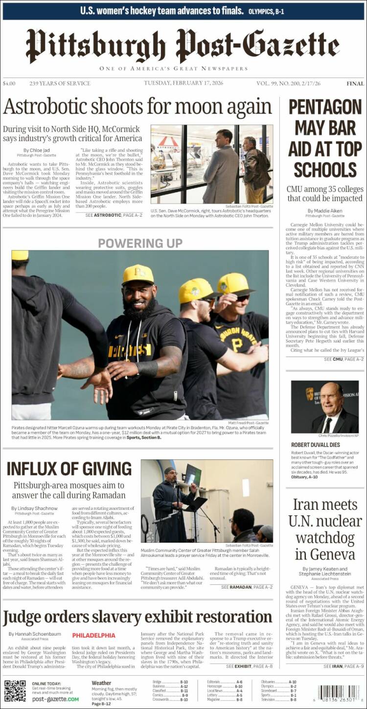 Portada de Pittsburgh Post-Gazette (USA)