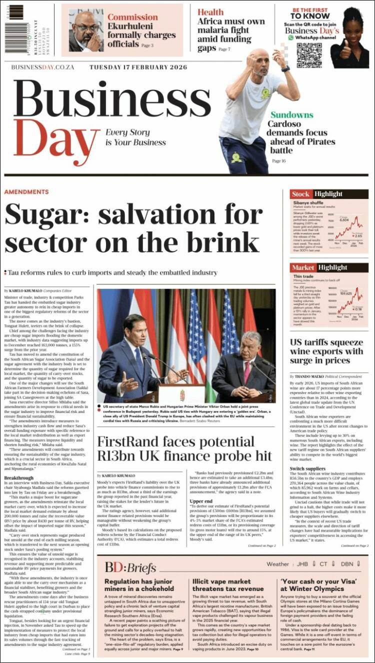 Portada de Business Day (Sud&aacute;frica)