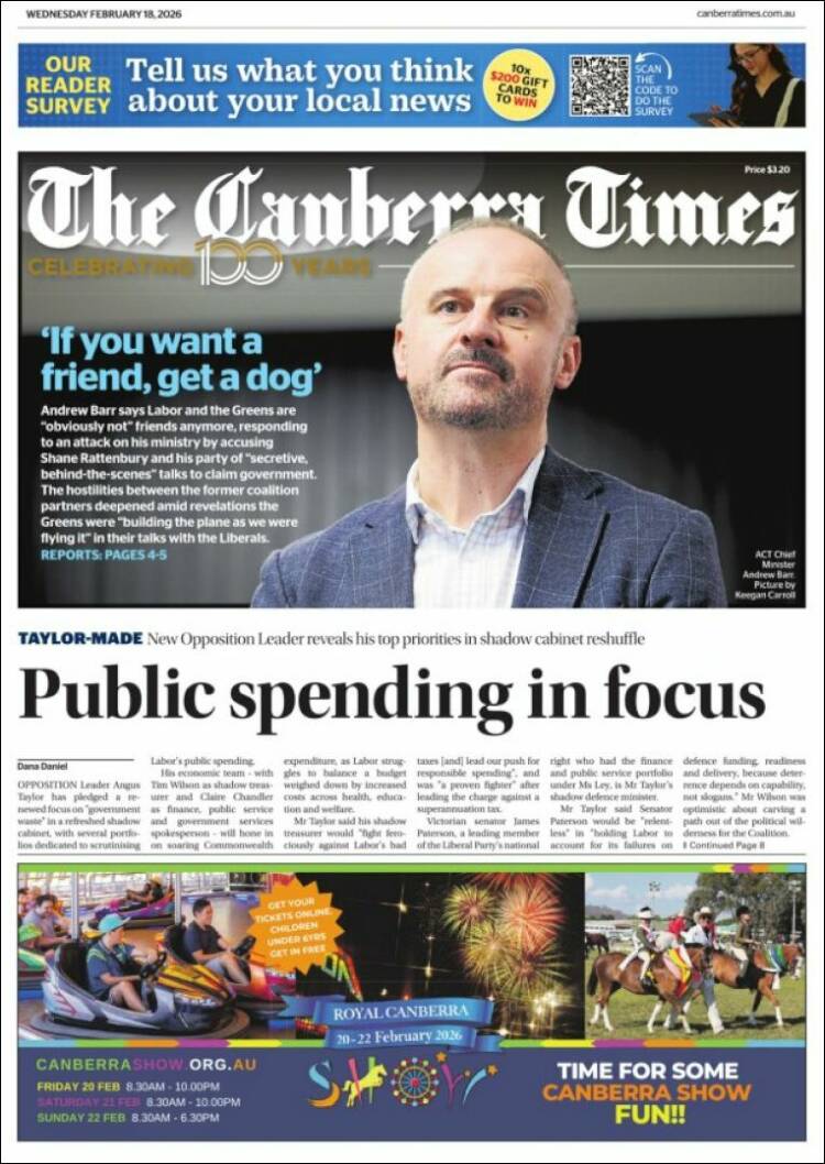 Portada de The Canberra Times (Australia)