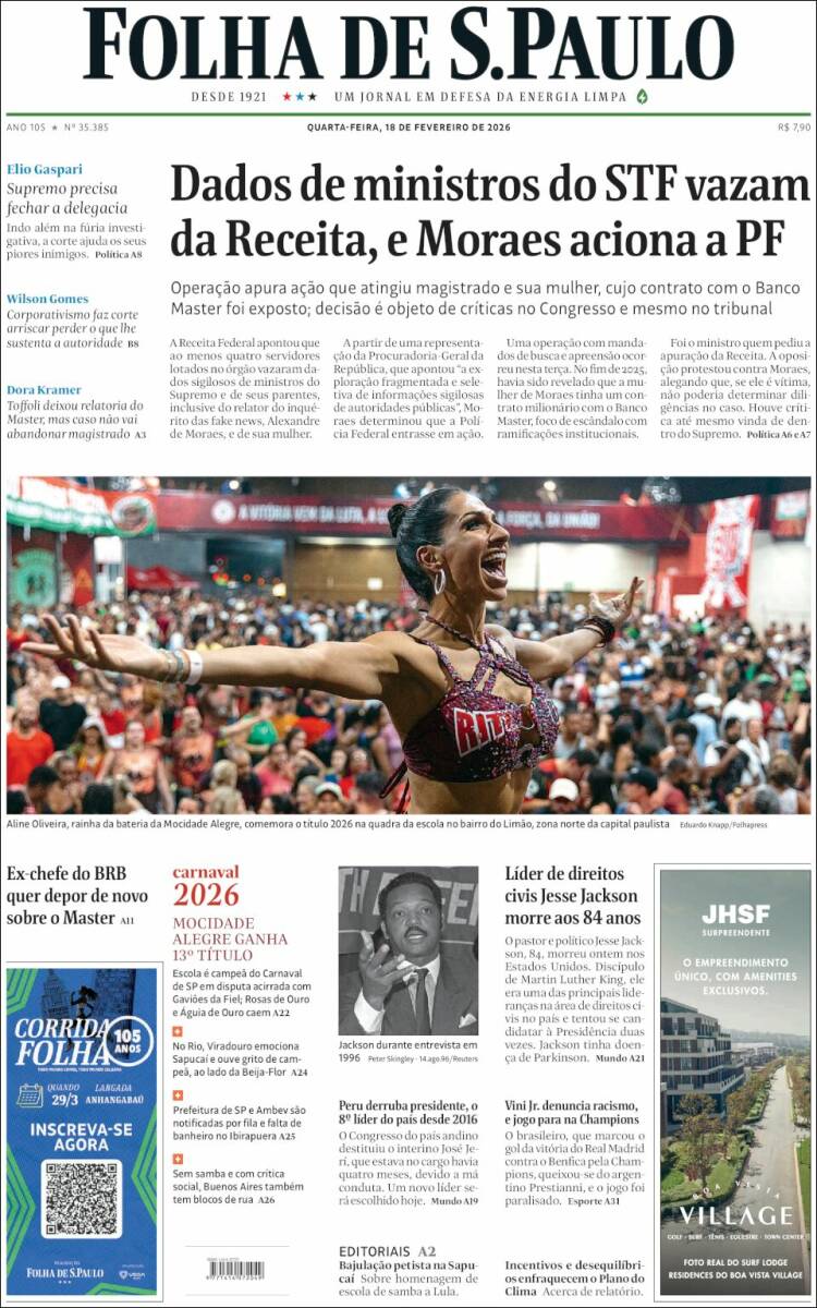 Portada de Folha de São Paulo (Brasil)