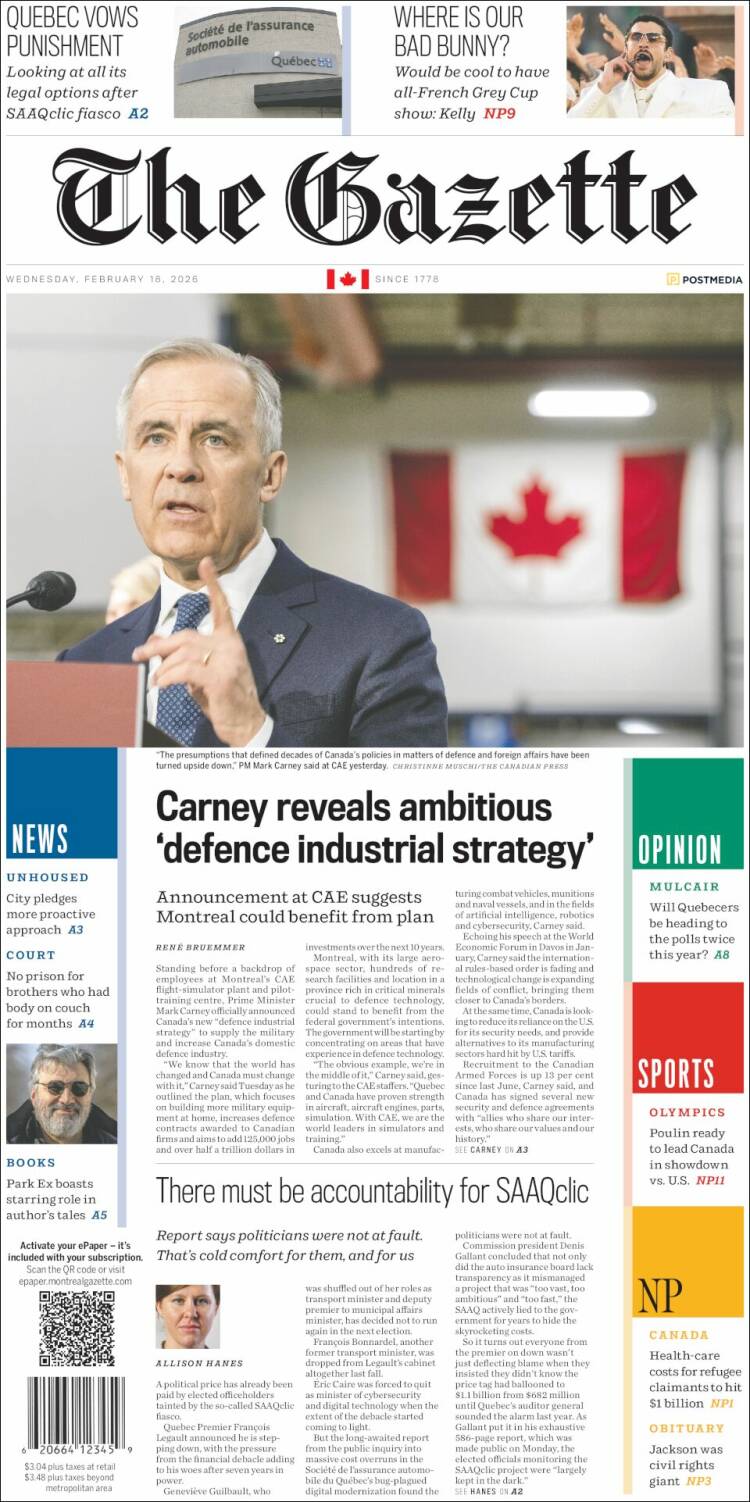 Portada de The Gazette (Canad&aacute;)