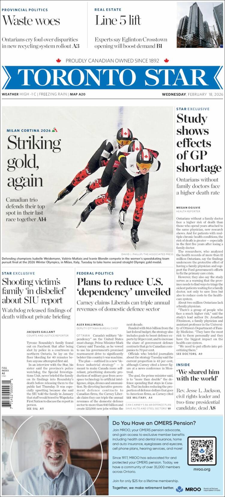 Portada de The Toronto Star (Canad&aacute;)