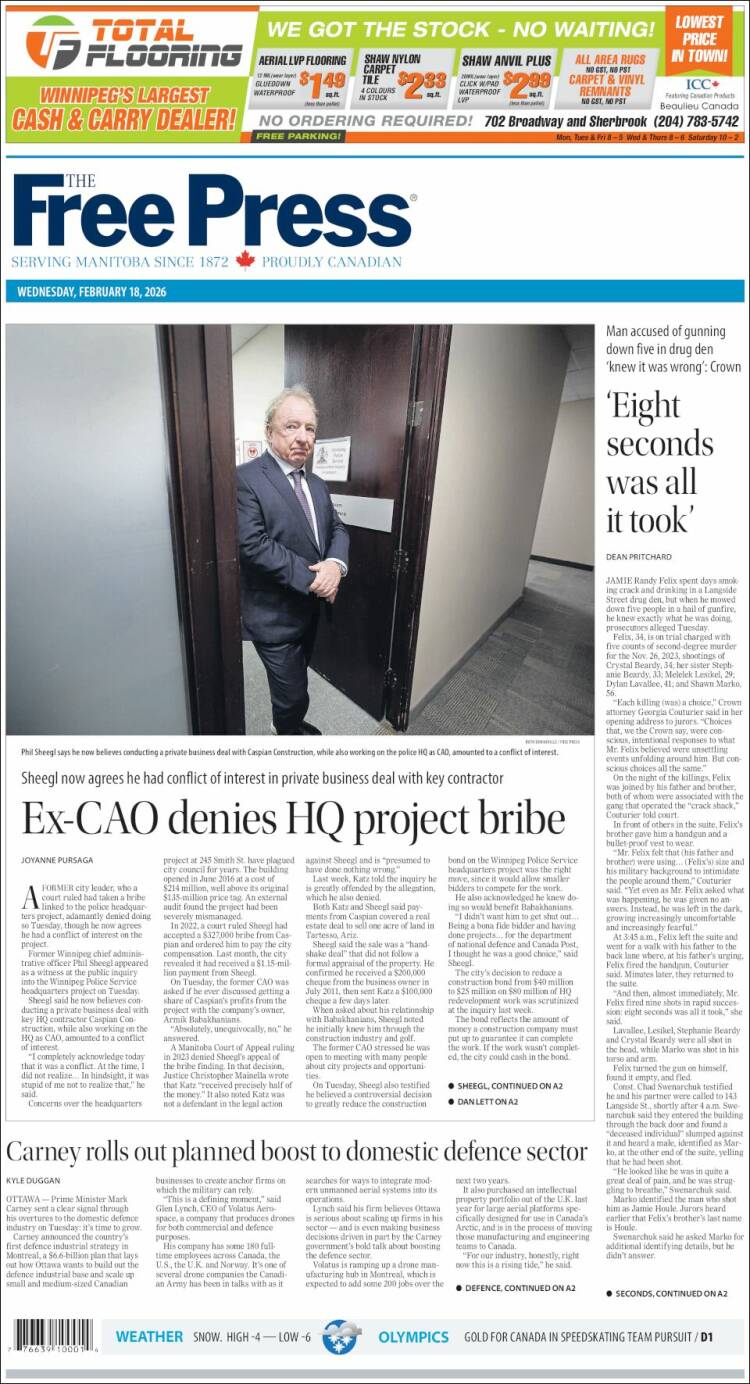 Portada de Winnipeg Free Press (Canad&aacute;)