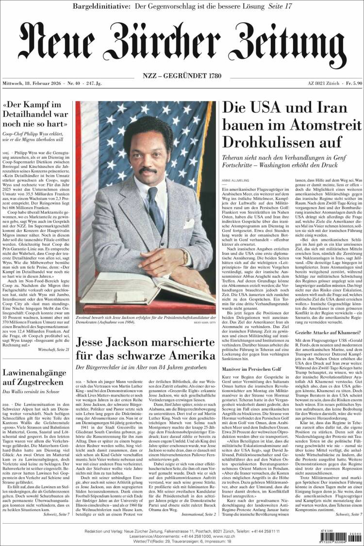 Portada de Neue Zürcher Zeitung (Suiza)