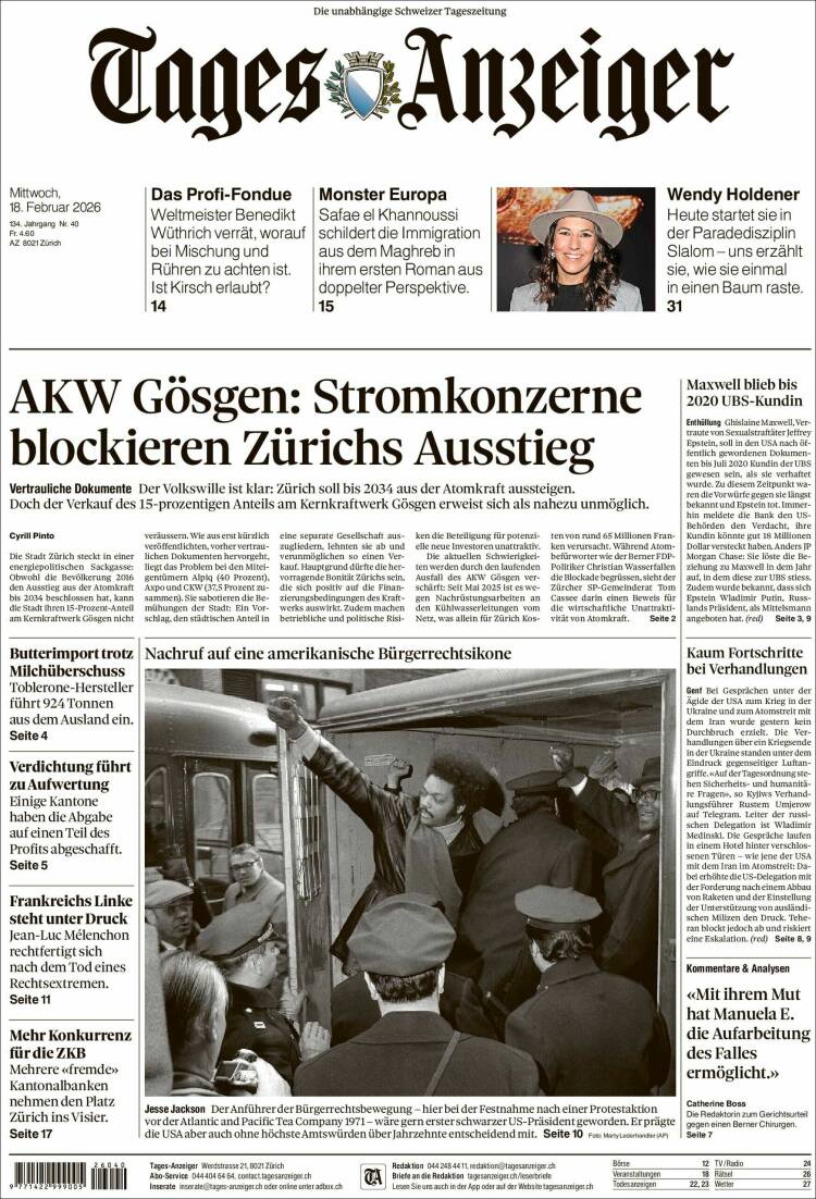 Portada de Tages-Anzeiger (Suiza)