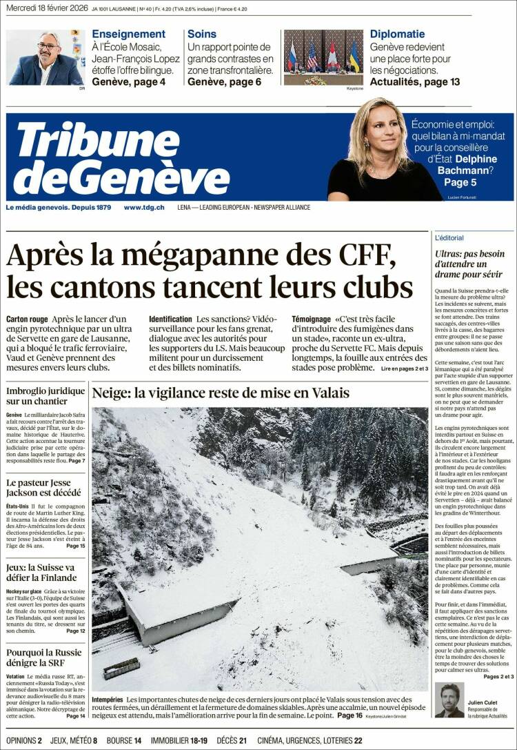 Portada de La Tribune de Genève (Suiza)