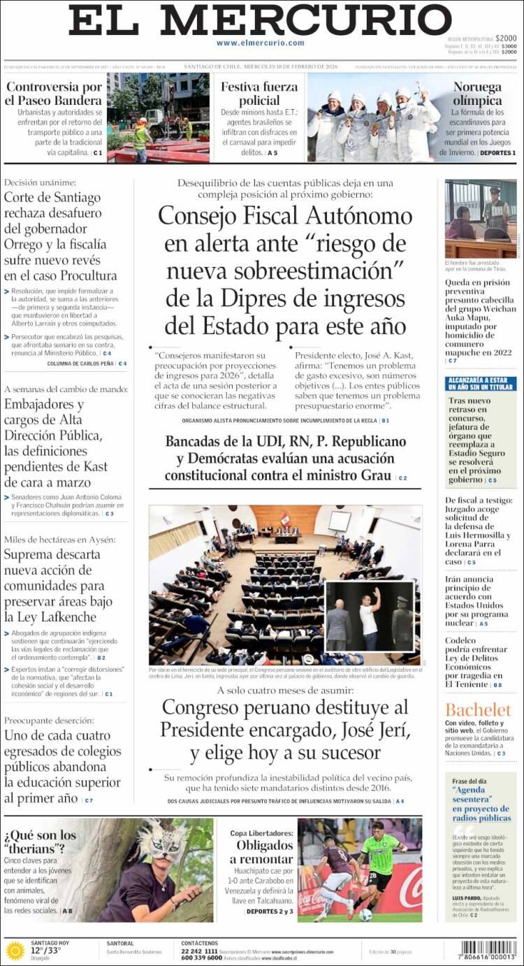Portada de El Mercurio (Chile)