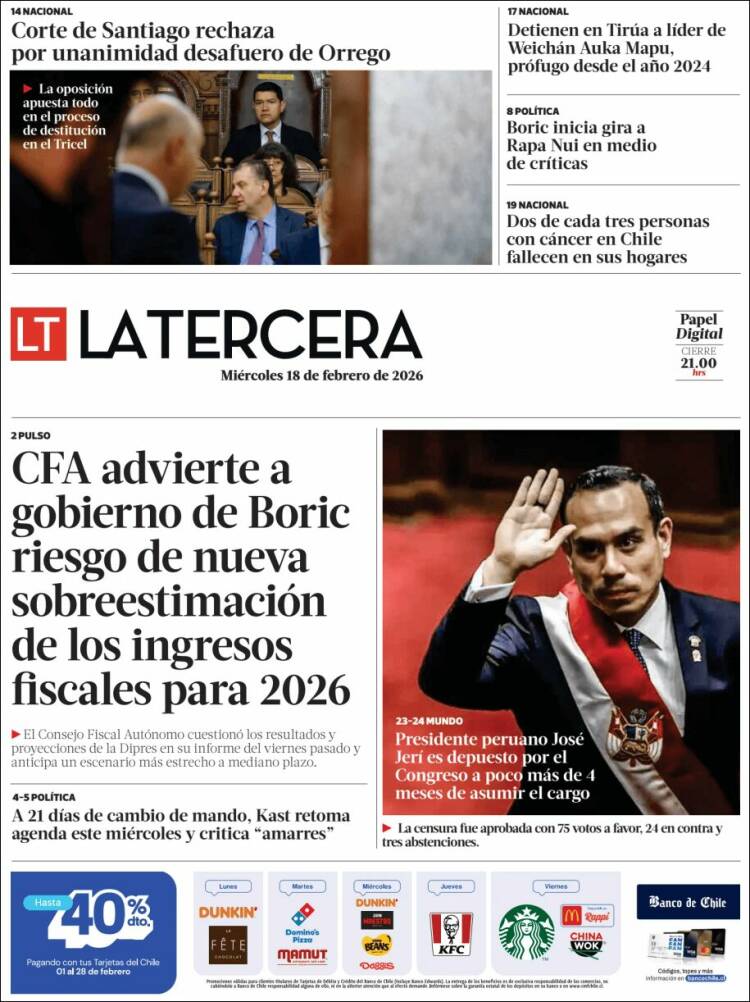 Portada de La Tercera (Chile)