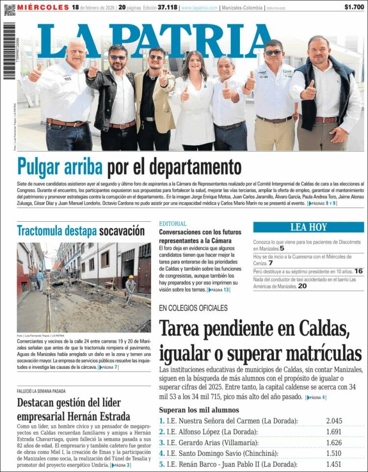 Portada de La Patria (Colombia)