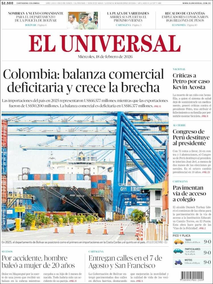 Portada de El Universal (Colombia)