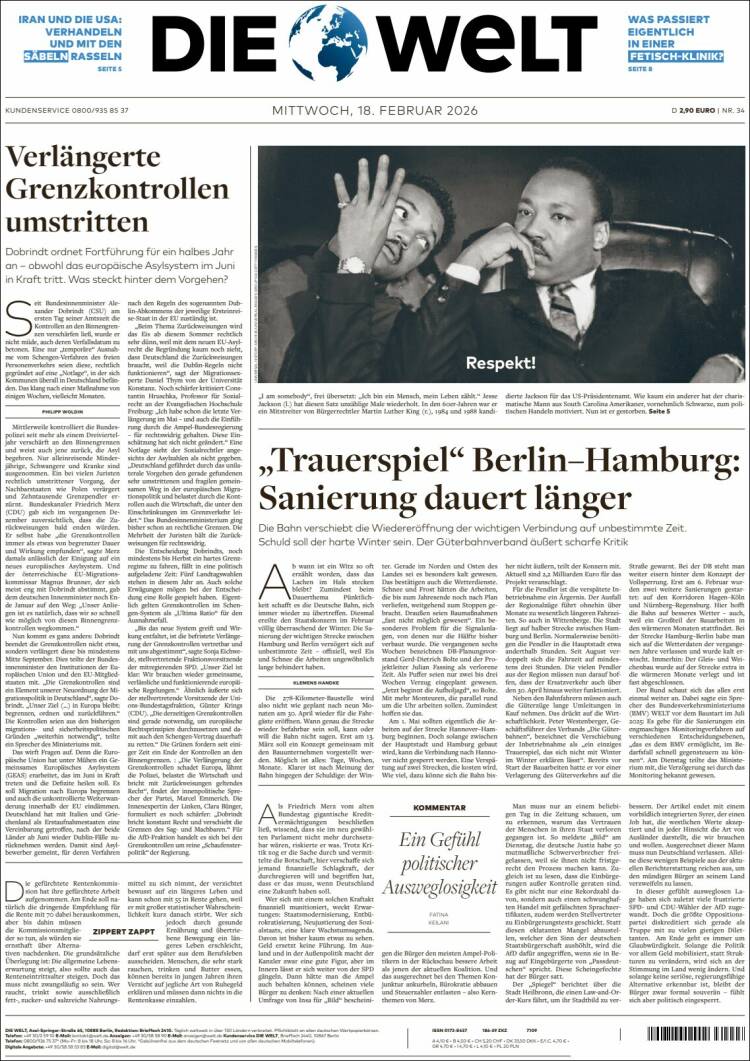 Portada de Die Welt (Alemania)
