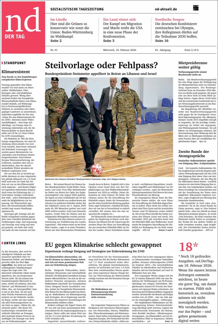 Portada de Neues Deutschland (Alemania)