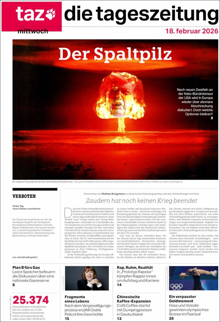 Portada de Die Tageszeitung (Alemania)