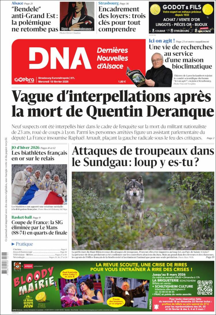 Portada de Les Dernières Nouvelles d'Alsace (Francia)