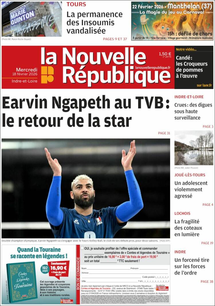 Portada de La Nouvelle Republique (Francia)