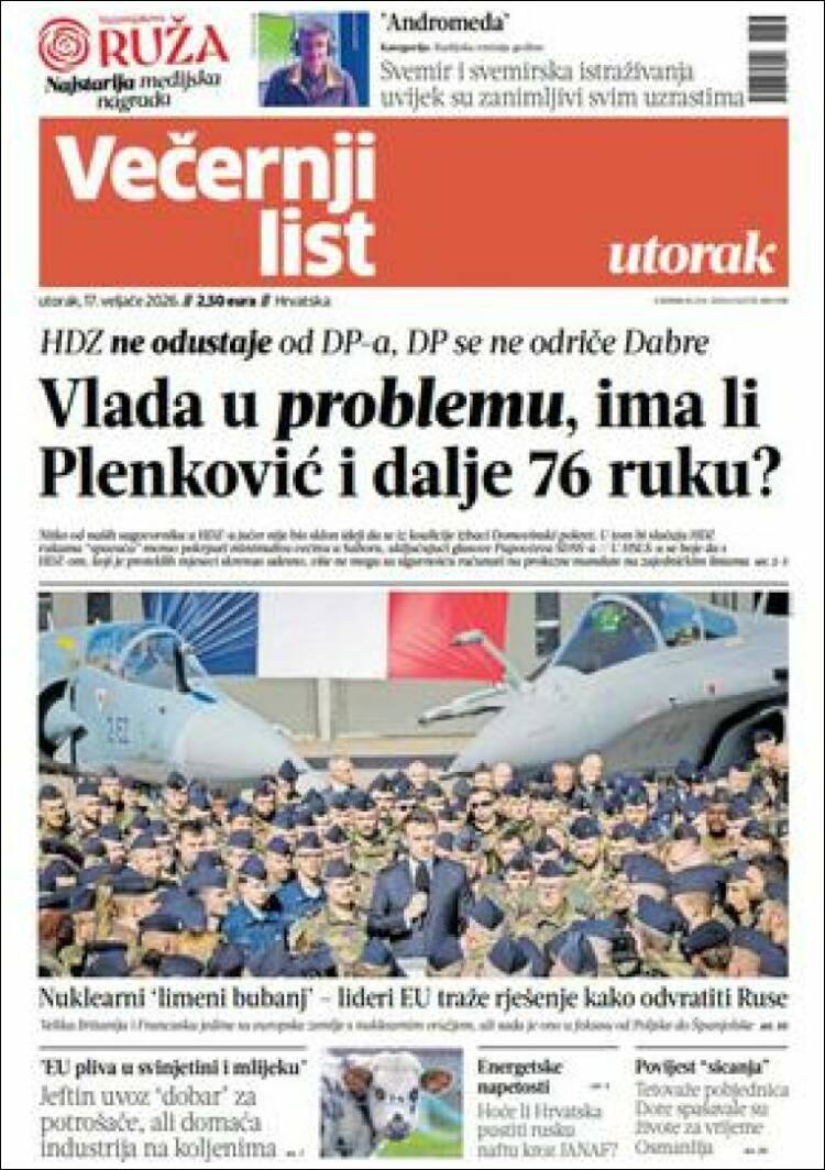 Portada de Večernji (Croacia)