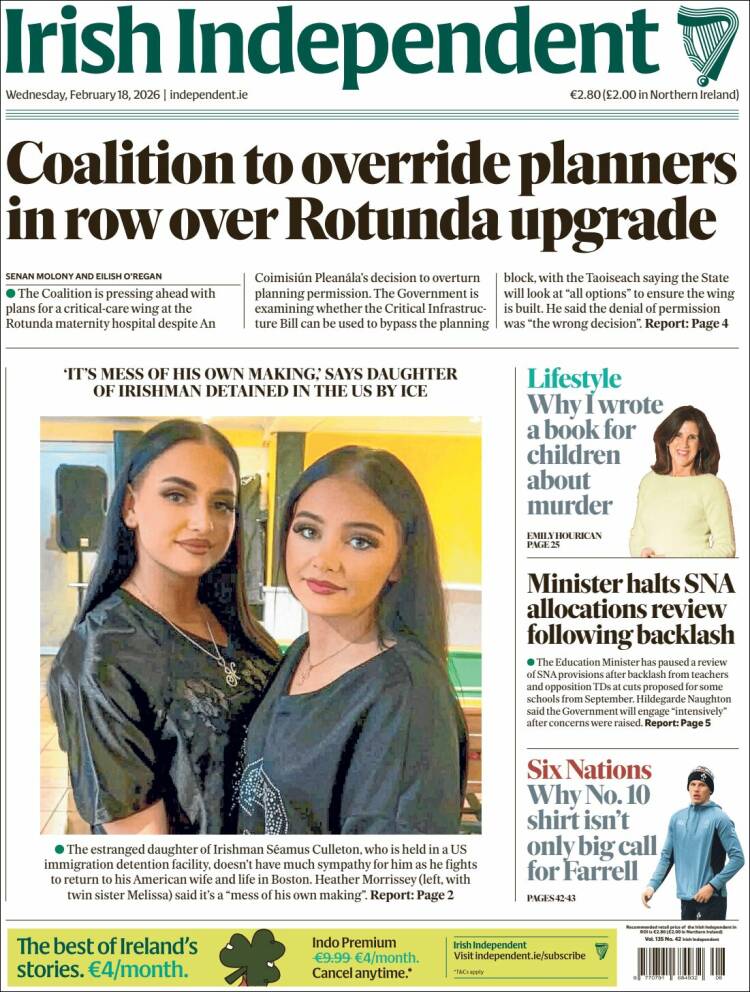 Portada de Irish Independent (Irlanda)